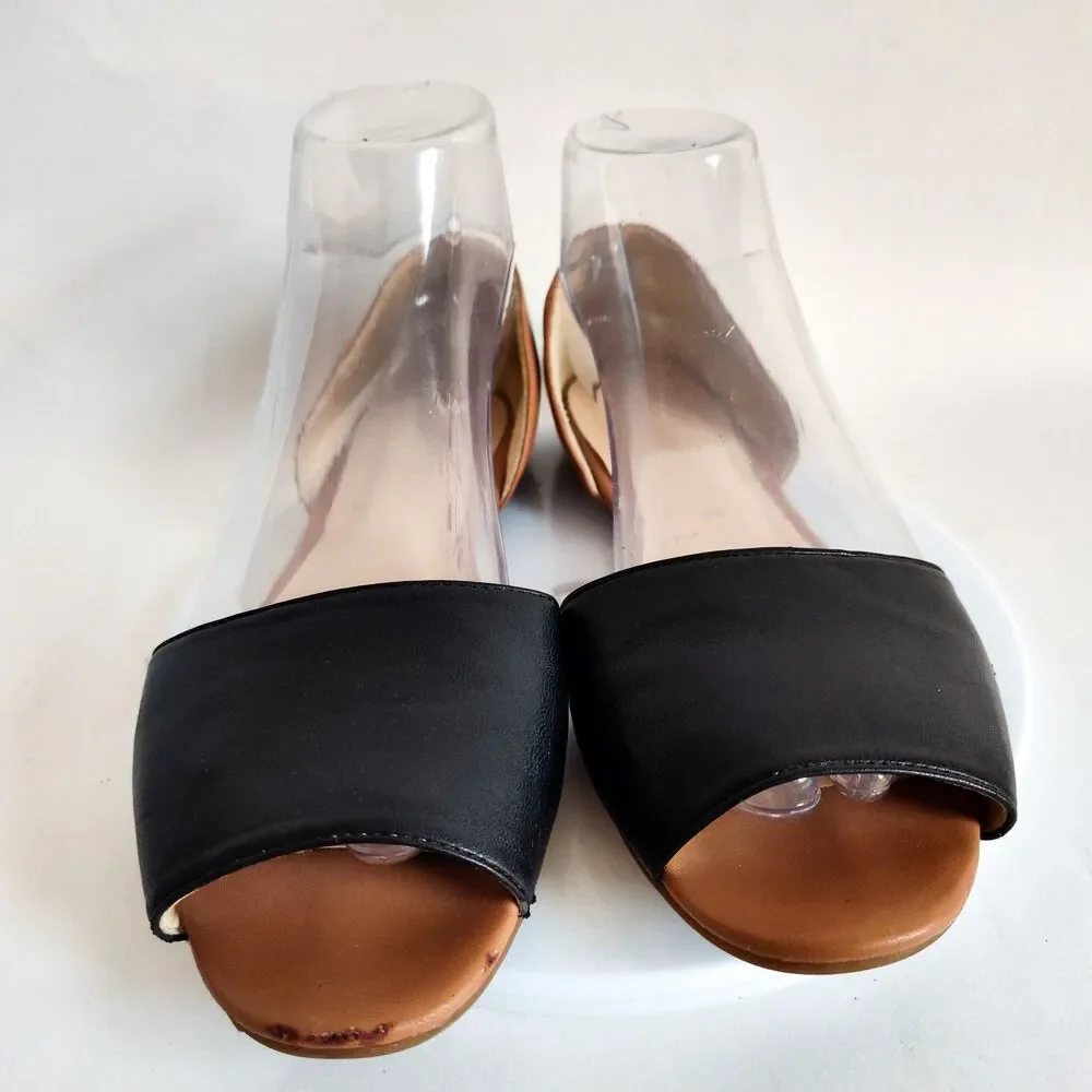 Nine West Tan Black Faux Leather Open Toe Slip On D'Orsay Flats Size 8M‎ Vegan
